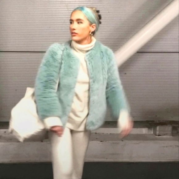 Bershka Jackets & Blazers - BERSHKA light green / turquoise faux fur coat